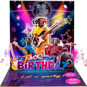 Birthday Card, Funny Birthday Cards for Men Women Kids, Exquisite MUSICAL & SHAKING & LIGHTING Rock Band Dog Pop-up Greeting Card Gifts with Envelope, 6.1 x 6.1 Inch
