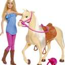Barbie Doll, Blonde, Wearing Riding Outfit with Helmet, and Light Brown Horse with Soft White Mane and Tail, Gift for 3 to 7 Year Olds
