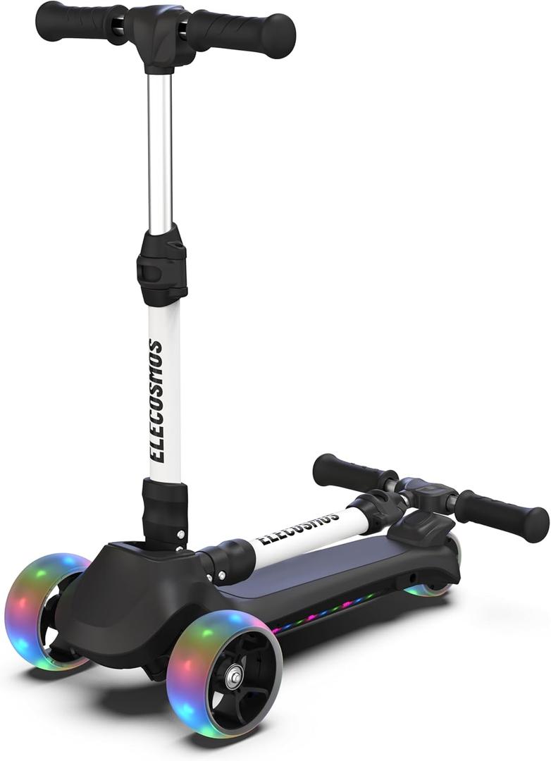 ELECOSMOS Safe Electric Scooter for Kids 4+, Balance for Beginner, Thumb Throttle, Flash Deck, Extra Wide Light Up Big Wheels, Adjustable Heights, 5 MPH Safe Speed (Black)