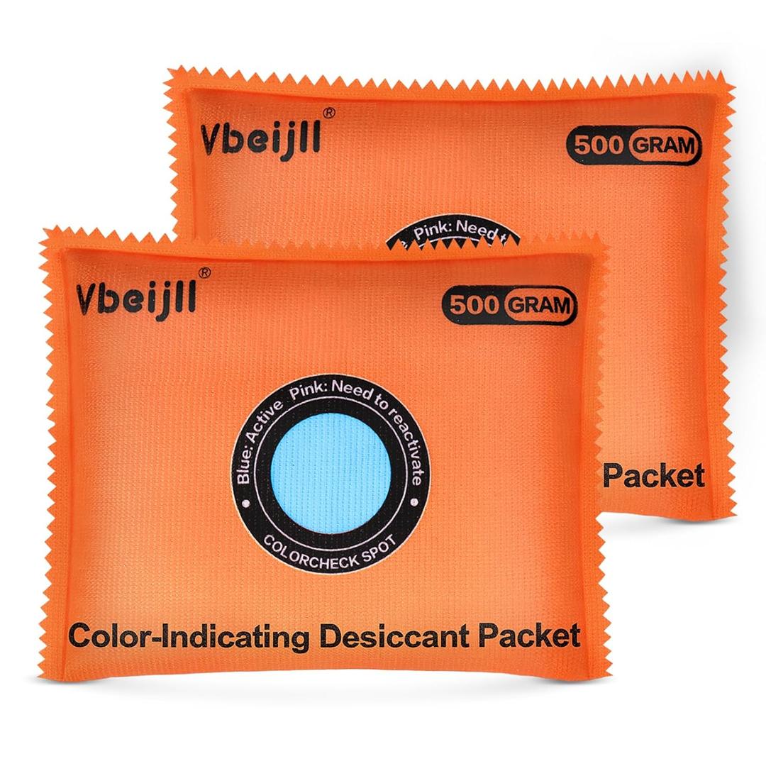 500 Gram (2 Pack) Color-Indicating Desiccant Packs for Storage, Rechargeable Silica Gel Packets, Dehumidifier for Cars, Gun Safe, 3D Filaments, Safe, Electronics