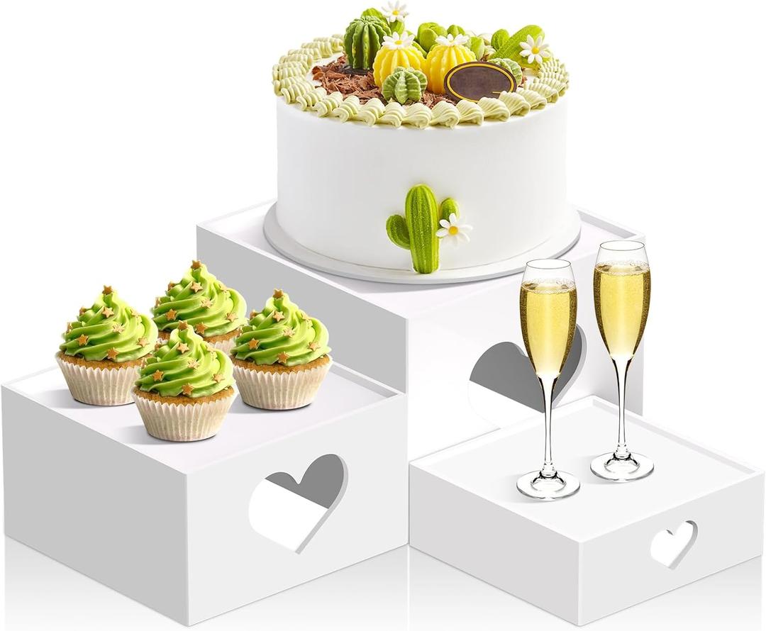 3 PCS Buffet Risers Display Stands, Food Risers with Love Design, Acrylic Risers for Display for Food, White Dessert Table Display Set for Party, Acrylic Cube Storage Boxes Size (6", 7", 8")