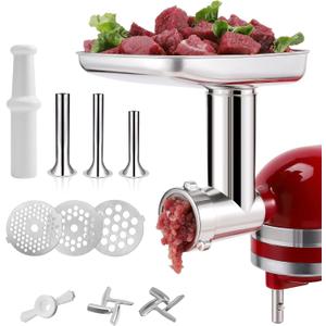 Stainless Steel Food Grinder Attachment for KitchenAid Mixers, Dishwasher Safe Meat Processor Aceesory Included 3 Sausage Stuffer Tubes