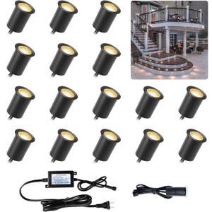 Deck Lights with Photocell and Protecting Shell, Warm White 1.18in Low Voltage 12V DC IP67 Waterproof, Electric Wired Round Recessed LED Outdoor Stair Step Landscape Lighting, 16 Pack Black