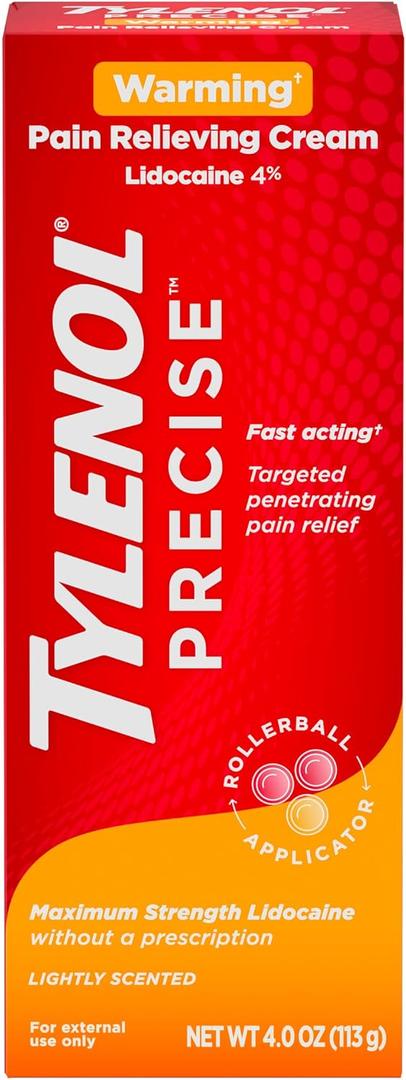 2 x Tylenol Precise Warming Pain Reliever Cream, Maximum Strength 4% Lidocaine Warming Pain Cream for Back, Knee & Joint Pain, Fast-Acting, Penetrating Pain Relief Cream, Light Scent, 4 oz