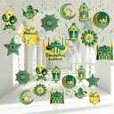Zonon 30 Pieces Ramadan Mubarak Decorations, Eid Mubarak Hanging Swirl Shining Gold Star Moon Lantern Ceiling Foil Decor for Eid Al-fitr Party Egyptian Holiday Supplies(Dark Green and Gold)