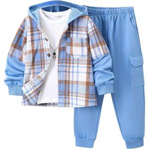 Fdqin Boys Clothing Set 2 Piece Outfits Pants Sets Cute Flannel Plaid Shirt Hoodie Shirt and Casual Sweatpants Blue 5-6Years