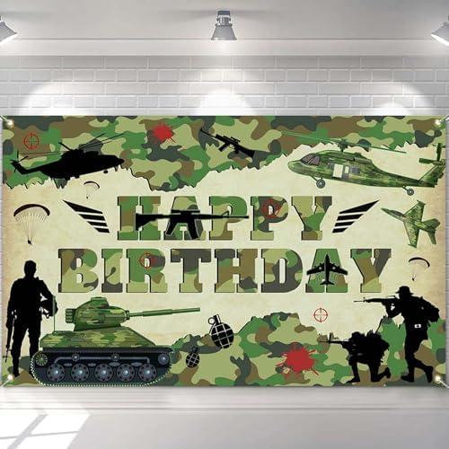 Mocsicka Camo Happy Birthday Backdrop Camouflage Happy Birthday Decorations Banner Camo Army Military Birthday Photo Background Indoor Outdoor Birthday Party Decorations Supplies Pack of 2
