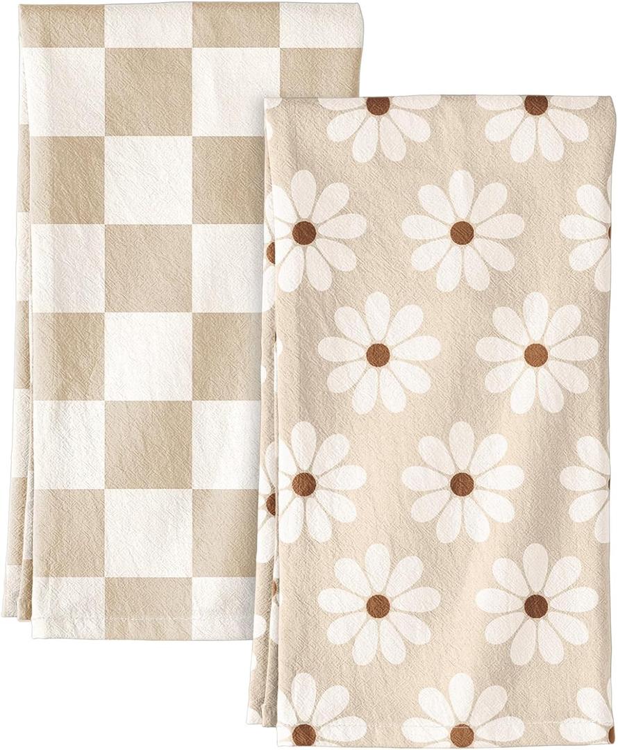 2 Pack Flour Sack Kitchen Towels - 16x26 Inch Cotton Dish Towels with Hanging Loop Reusable Geometric Boho Modern Retro Tea Towel Absorbent Dishcloths Home Decor, Beige Checkered Flower
