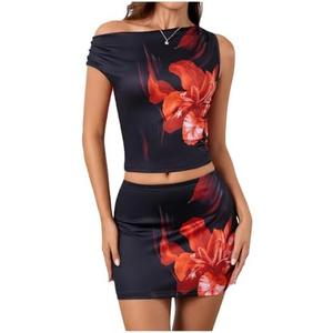 Verdusa Women's 2 Piece Floral Outfit Y2k One Shoulder Ruched Crop Tops Short Bodycon Skirt Set, Size M