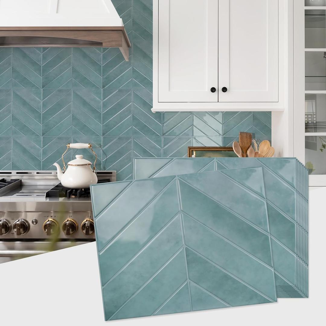 STICKGOO 10 Sheets Thicker Herringbone Peel and Stick Backsplash, 12.69.7 Stick on Wall Tiles, Self Adhesive Tile Sticker for Kitchen Backsplash and Bathroom, Blue Teal