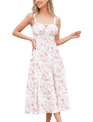 ABEHIK Summer Dress for Women 2024 Floral Corset Dress Boho Flowy Slit Bustier Lace Up Midi Dresses Going Out A Line Casual Sundress Adjustable Spaghetti Straps Bodycon Pink Rose S