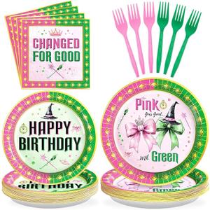 Grencian 96pcs Witch Birthday Party Decorations Pink and Green Witch Theme Party Decorations Include Plates and Napkins Disposable Pink and Green Birthday Tableware for Girls Witches Par-ty Supplies