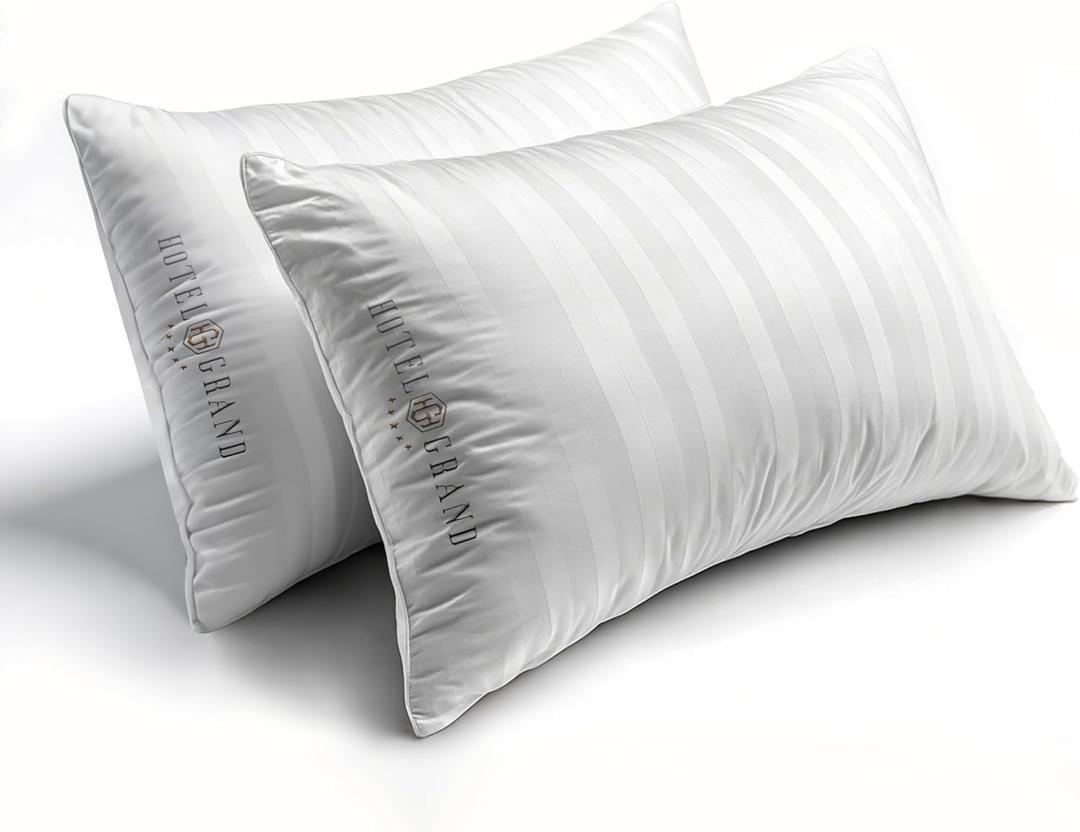 Hotel Grand White Feather Down Pillows Queen Size Set of 2 Packs 500 Thread Count Bed Pillows Soft Hypoallergenic 100% Cotton Breathable Hotel Collection Back/Side Sleeping Bed Pillows, 28"x20"/2 Packs