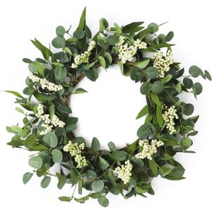 Wreaths for Front Door, 20" Artificial Eucalyptus Wreath, White Berry Greenery Wreath for Front Door Window Porch Wedding Farmhouse Garden Party Wedding Decor Spring Summer - Indoor/Outdoor
