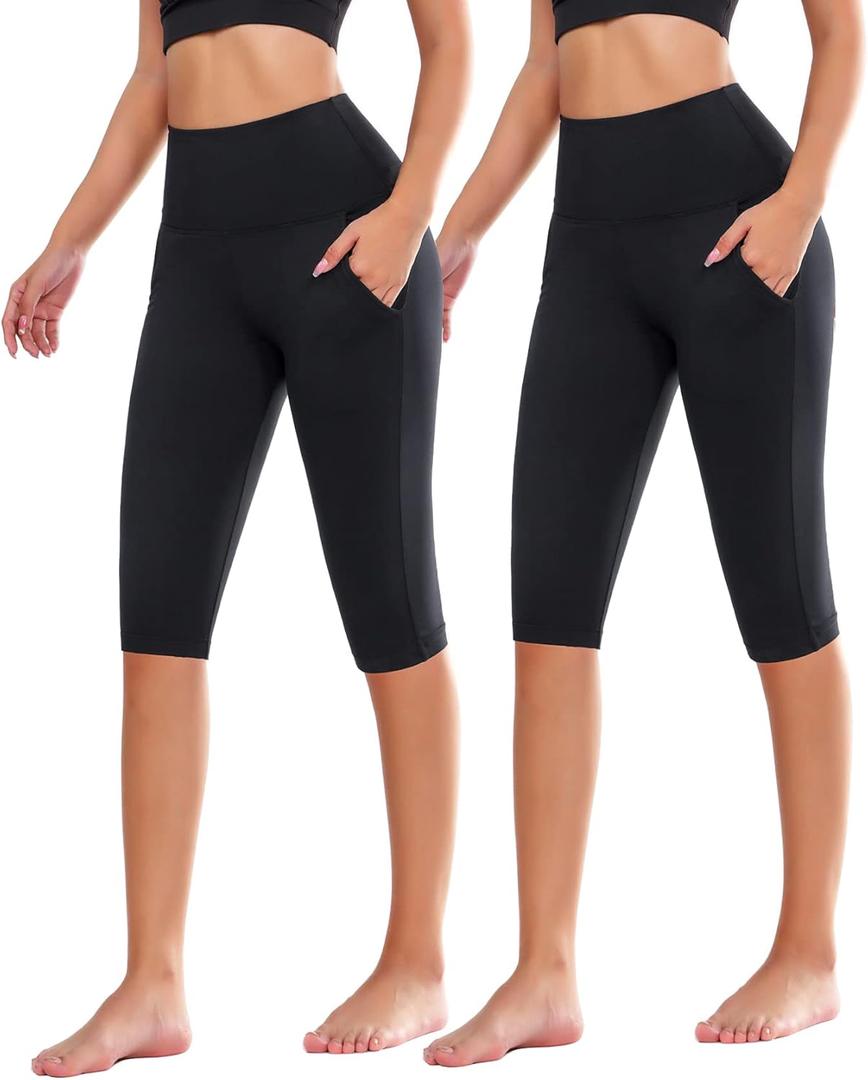 MOREFEEL Women's Knee Length Leggings-High Waist Capri Pants for Women Yoga Workout Biker Shorts Casual Summer (Large-X-Large, 5-black,black-with Pockets)
