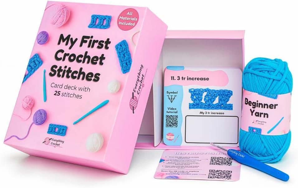 Everything Crochet Stitches Card Deck for Beginners - Learn to Crochet Kit for Adults, Kids & Newbies - 25 Stitch Cards with Step-by-Step Video Tutorials - Crochet Stitch Dictionary & Complete Course