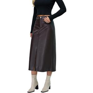 Long Leather Skirts for Women High Waist Front Slit Bodycon A-Line Winter Midi Skirt, M