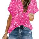 Allimy Women Summer Casual Split V Neckline Floral Chiffon Blouses Loose Tunic Short Sleeve Tops (Pink)