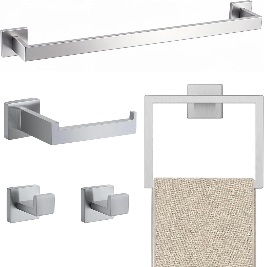JOPOFI 5 Piece Bathroom Towel Bar Set - Thicken Stainless Steel Bath Towel Holder, 23.6 Inch Towel Racks for Bathroom Wall Mounted, Bathroom Hardware Accessories Set - Brushed Nickel