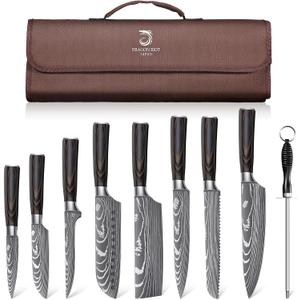 DRAGON ROIT Japanese Knives Set Damascus Pattern Chef Knife Set for Kitchen with Roll Bag, Sharp Stainless Kitchen Knife Set Brown Handle