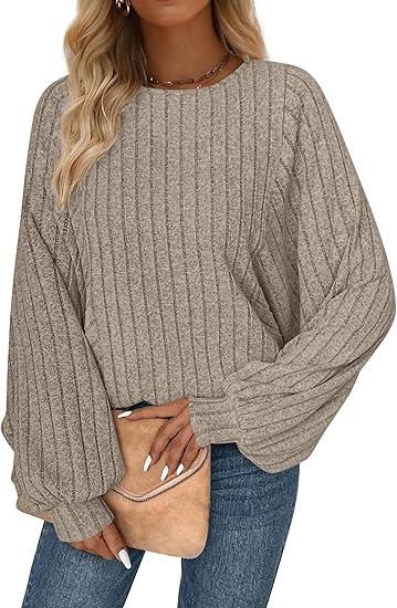 PRETTYGARDEN Womens Batwing Long Sleeve Shirts Fall Fashion Crewneck Tunic Tops Dressy Casual Loose Fit Lightweight Sweaters, M