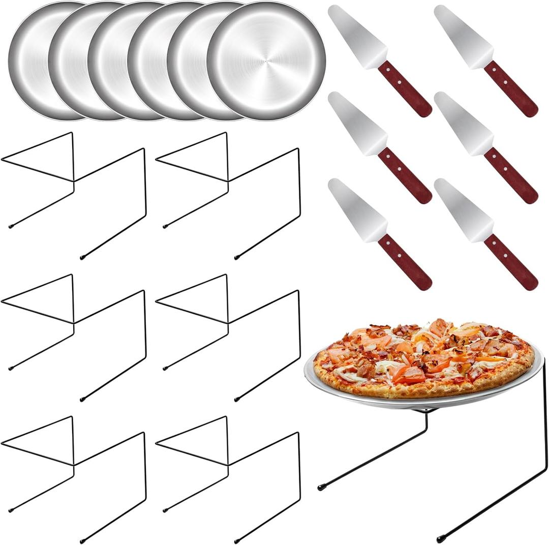 18 Pieces Pizza Pan Riser Stands Sets with 6 Metal Pizza Table Stands 6 Pizza Pans and 6 Wood Handle Pie Server Pizza Serving Tray Display Stands for Pizza Party Dessert Cheese Baking (18 PCS)
