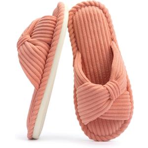 Chantomoo Slippers for Women Memory Foam House Womens Slipper Slides Home Bedroom Bathroom Spa Open Toe Corduroy Bow Slippers Cozy Comfortable (9-10, Brick Red)