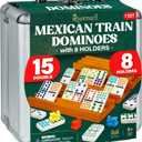 Queensell Mexican Train Dominoes Set Double 15 with 8 Holders - Wooden Hub and Tiles Holders - Double 15 with Dots (D15 + 8 Holders)