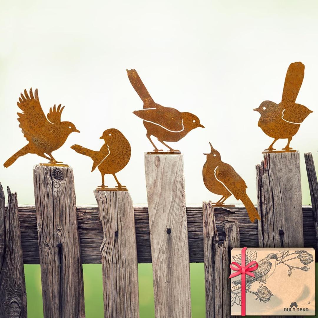 OULYDEKO 5PCS Rusty Birds Decoration,Outdoor Bird Wall Decor,Metal Birds Yard Decor, Metal Birds Craft Statue Ornaments - Garden Sculptures and Yard Art, Fence Decorations Outdoor,Rustic Garden Decor (Wren12x12cm)