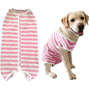 Dogs Recovery Suit Post Surgery Shirt for Female Male Dog, E-Collar Alternative Wound Protective Clothes (Pink White Stripe-XL)