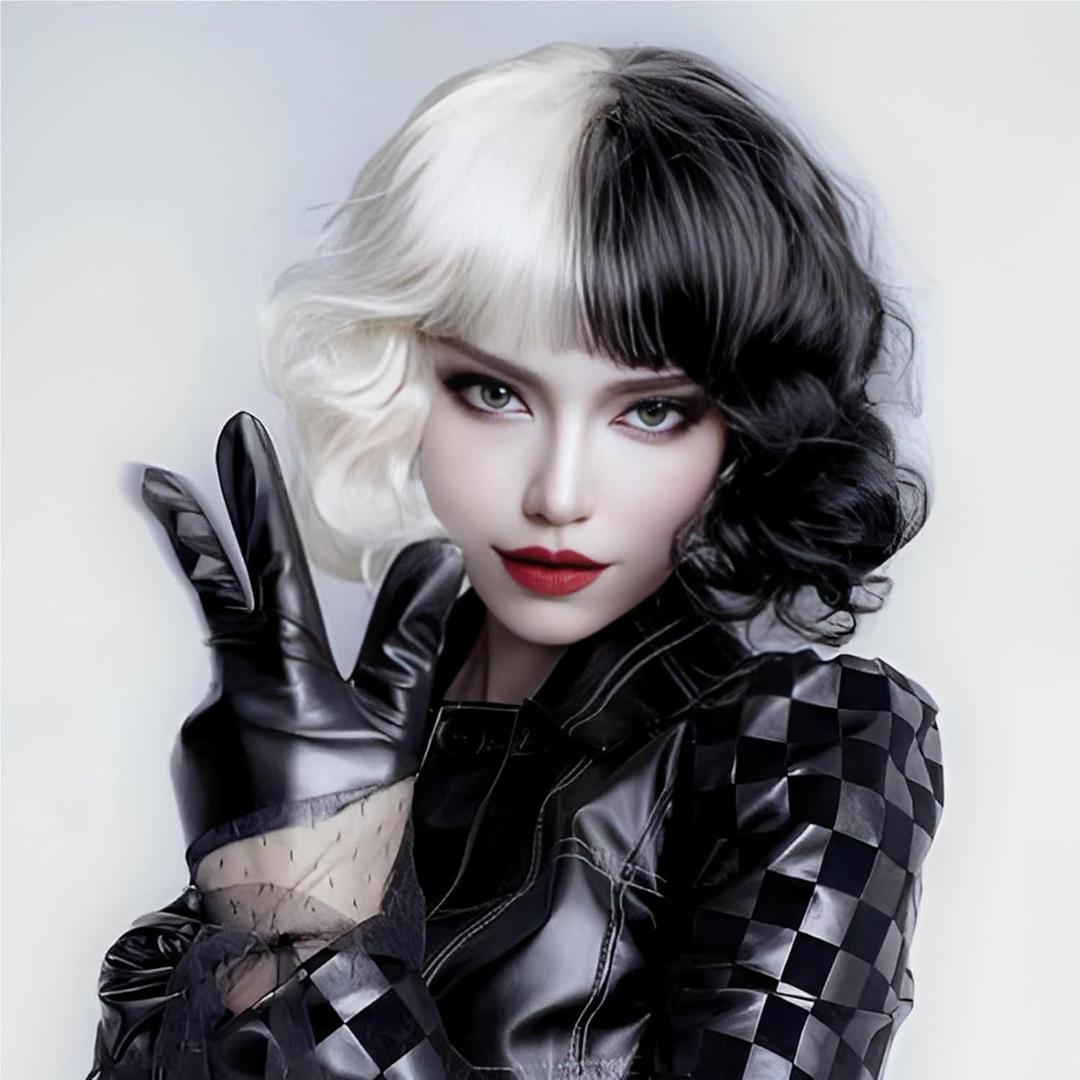 Black and White Wig for Women Cruella Deville Wig Short Curly Wavy Bob Wigs with Bangs Heat Resistant Synthetic Hair Wig for Daily Costume Cosplay Halloween Party Use
