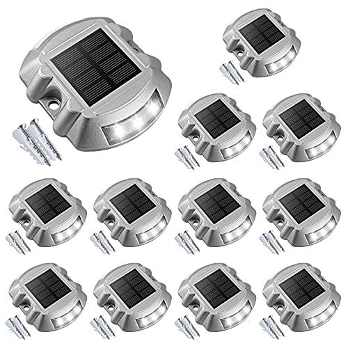VOLISUN Solar Deck Lights Driveway Dock Lights, 12-Pack Led IP68 Waterproof Outdoor Warning Step Lights for Driveway Sidewalk Garden Pathway Yard (White, Auto On/Off)