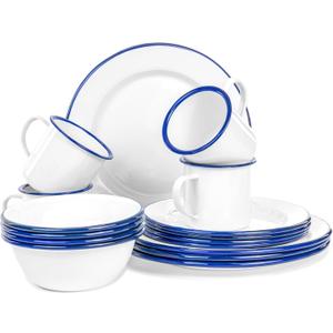 Red Co. 16-Piece Enamelware Metal Dinnerware Set for 4, Solid White/Navy Blue Rim