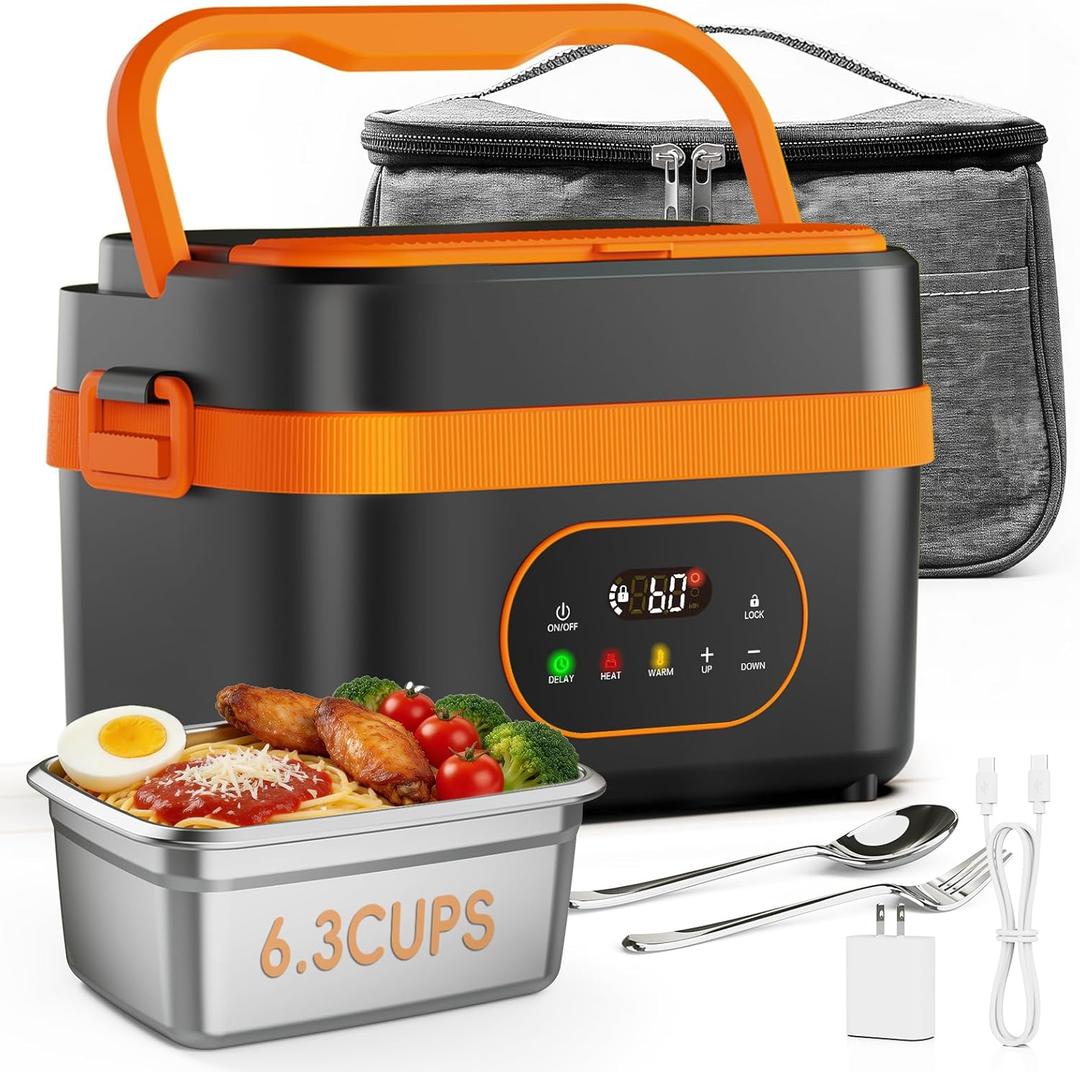 Cordless Electric Lunch Box for Adults, 6.3-Cup Rechargeable Self Heating Lunch Box with Scheduled Heating & Automatic Keep Warm, Portable Food Warmer for Work, Office, Travel & Outdoor Use