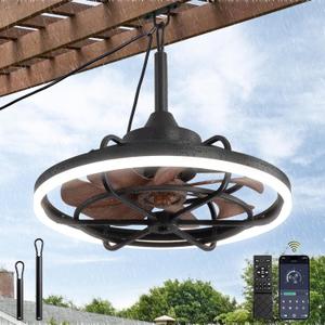Outdoor Ceiling Fans with Light for Patios, 20" Weatherproof Plug in Ceiling Fan, Gazebo Fan Remote&APP Control, 3CCT Dimmable,Caged Ceiling Fan with Hanging Hook for Porch, Pergola,Canopy (Wood Grain)