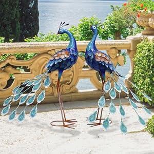 Oritty 29 Inch Metal Peacock Decor, Outdoor Garden Statues, Peacock Statues Yard Decorations, Garden Sculpture for Patio Yard Lawn Home Backyard Decorations, Set of 2