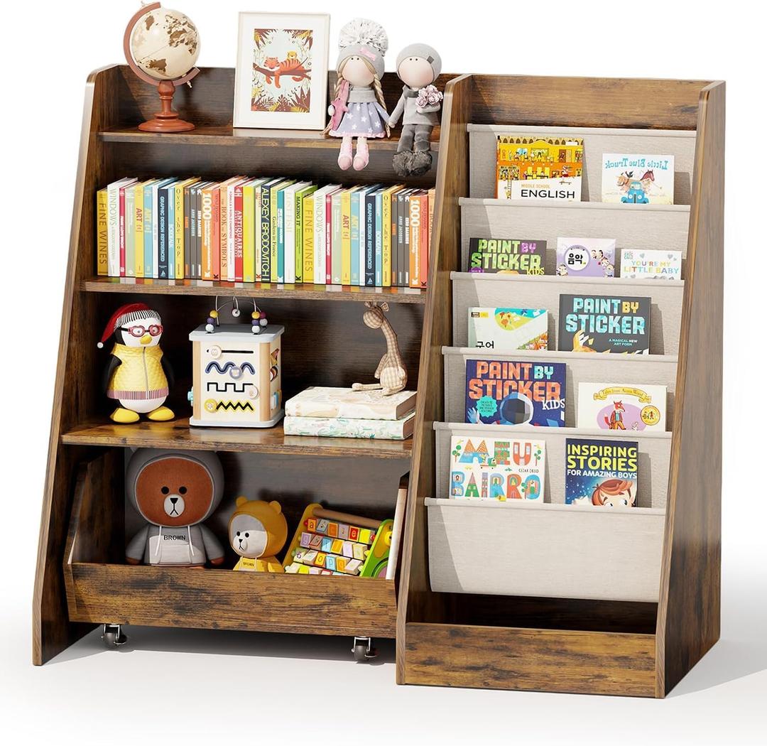 COZPAW Kids Bookshelf and Toy Storage, 4 Tier Toddler Bookshelf with Movable Drawer (Brown), Medium