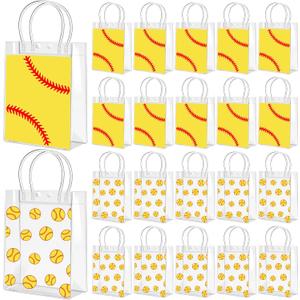 Kosiz 24 Pcs Softball PVC Goodie Bags with Handles Softball Clear Snack Bags Gift Tote Bag Candy Treat Party Favor Bulk for Team Gifts Birthday Decorations Supplies, 9.06 x 6.69 x 2.76 Inch