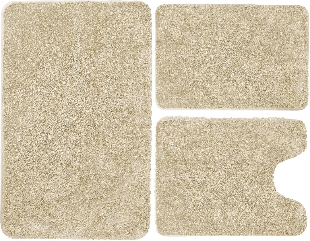 RUN HELIX Bathroom Rugs Sets 3 Piece, Luxury Microfiber Extra Soft Bath Rugs Set, Absorbent Water Shaggy Bath Mats, Non-Slip TPR Backing, Machine Washable, for Bathroom, Tub and Shower, Beige