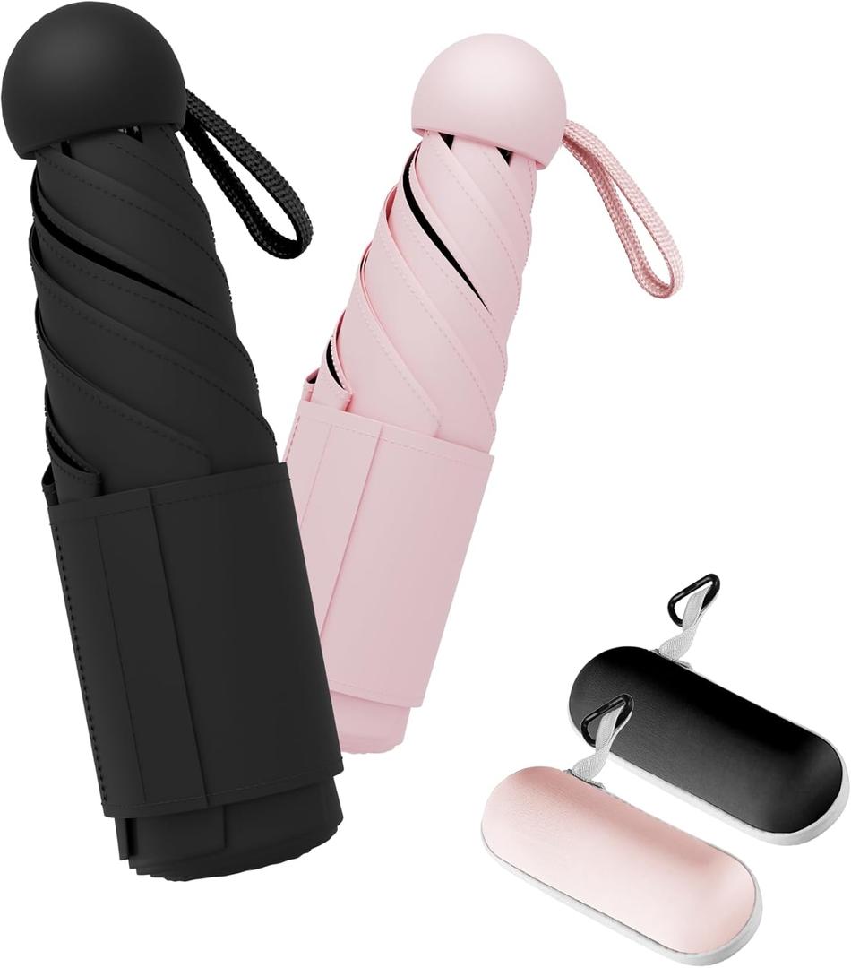 Travel Mini Umbrella Compact Small & Lightweight, UV Rain Protection, Pocket-Sized Folding Umbrellas with Quickdraw & Case for Men Women & Kids Backpack (NEW2-Pack Black&Pink)