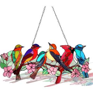 Stained Glass Window Hanging, Red Bird Cardinal Robin Bluebird Suncatcher for Window Door Home Decoration, Pink Floral Double Side Sun Catchers Glass Panel, Housewarming Birthday Gifts for Mom