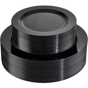 FLOWERCAT 100PCS Black Plastic Plates - Heavy Duty Black Disposable Plates for Halloween Party/ New Year/ Wedding - serve 50guests 10.25inch and 7.5inch Set