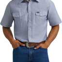 Wrangler Men's Short Sleeve Western Snap Work Shirt, Chambray Blue, Medium Tall