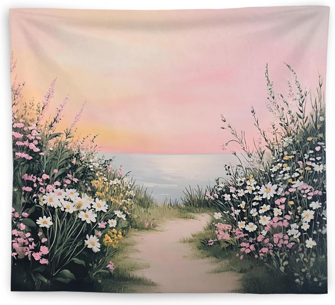 WNAGT Pink Wildflower Coastal Beach Tapestry Wall Hanging, Pastel Spring Floral Ocean Seaside Landscape Wall Blanket Decor for Bedroom Living Room Home Beach House, 50x60 Inch