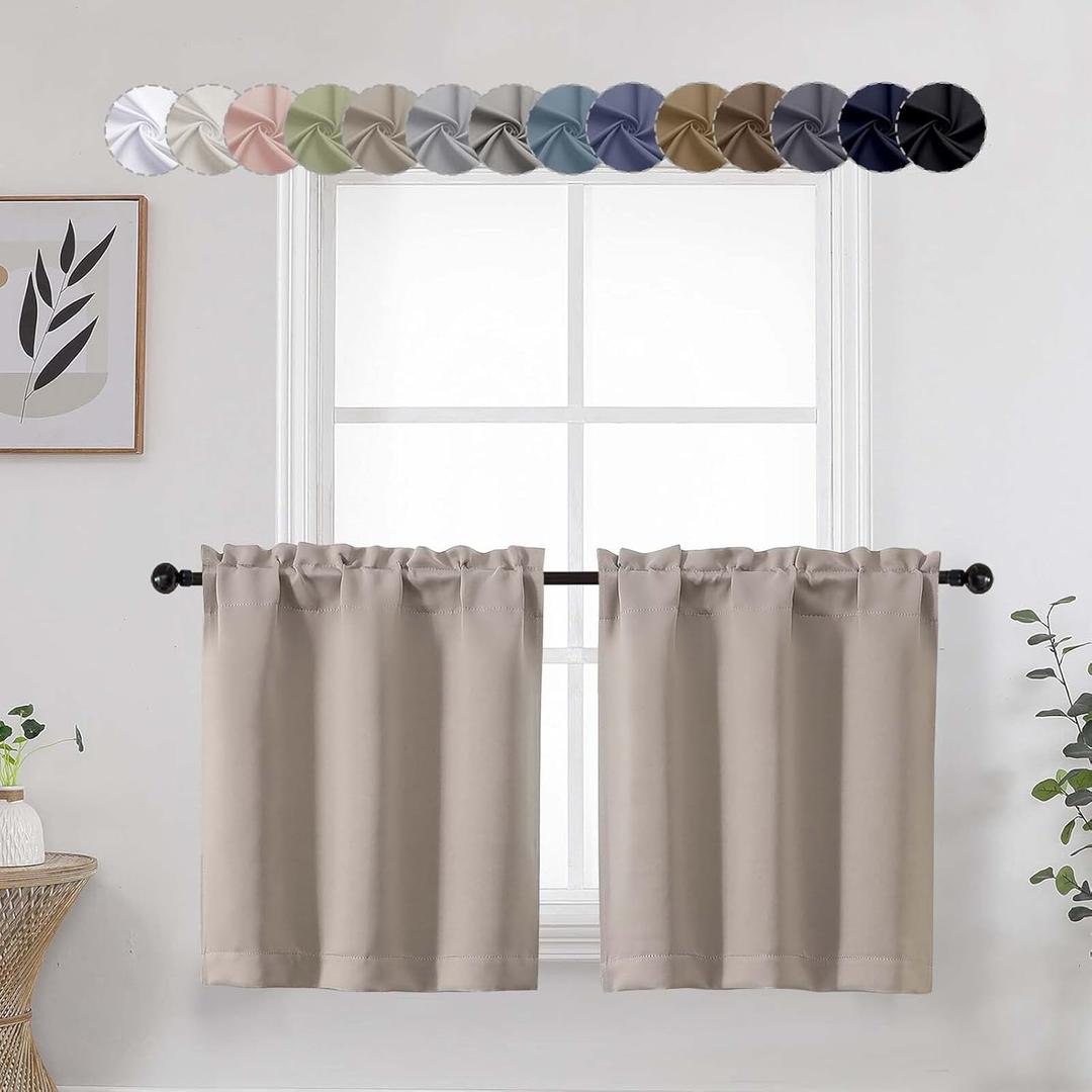 Stone Cafe Curtains 24 Inch Length Tier 2 Panels Set, Soft Solid Thermal Insulated Blackout Kitchen Half Curtains for Windows for Bathroom Basement, Stone, 2PCS Each 30" Wx24 L