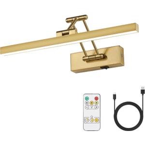 Picture Light Battery Operated Brass 15.7' Inch Long Rechargeable Wall Lights Dimmable LED Library Light with Swing Arm and Timer Function Cordless Wall Light Indoor Gold Color