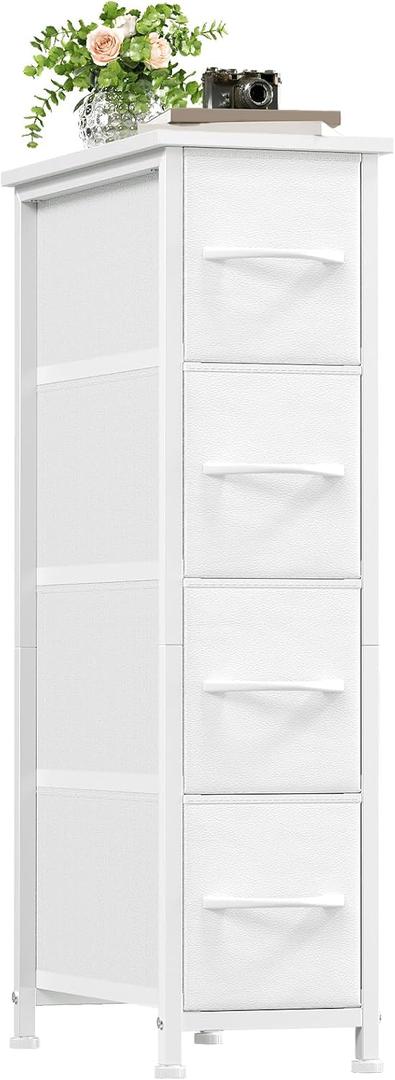 Somdot Narrow Dresser with 4 Drawers, Slim Storage Organizer Chest of Drawers with Removable Fabric Drawers for Small Spaces Bathroom Closet Bedroom Laundry, White Leather, 18.9"D x 7.9"W x 29.5"H