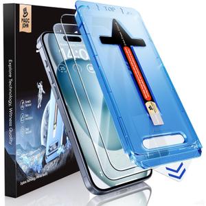 MAGIC JOHN 2 Pack for iPhone 15 Tempered Glass Screen Protector 6.1 inch [Not Max], Auto Dust-Elimination Installation, Bubble Free, Dynamic Island Compatible, HD Clear, Easy Installation
