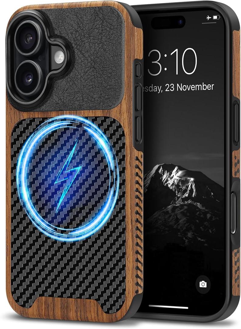 TENDLIN Magnetic Case Compatible with iPhone 17 Case Wood Grain with Carbon Fiber Texture Design Leather Hybrid Slim Cover (Compatible with MagSafe) Black
