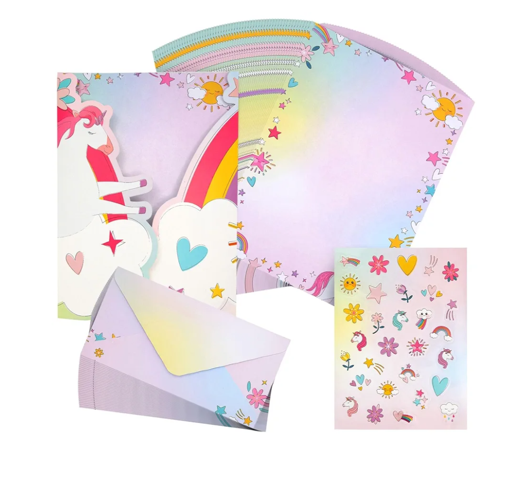92 Piece Unicorn Stationery Set for Kids, Girls, with 60 Stationery Sheets, 30 Envelopes, Pocket Folder, Sticker Sheet (7.25 x 10.2 In)